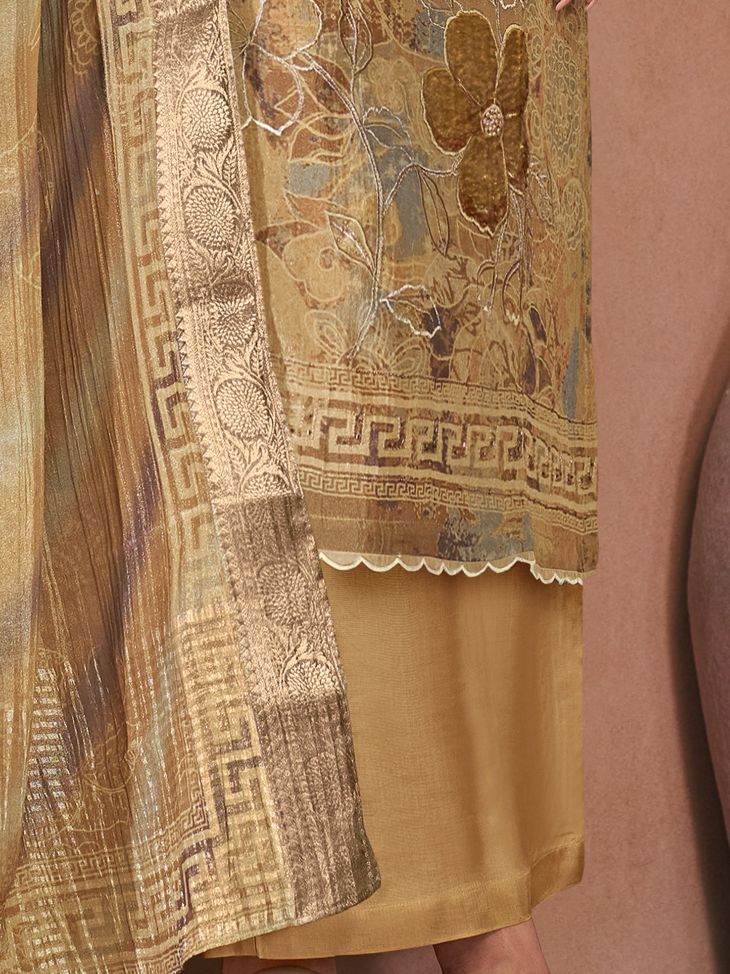 VADANYA DARK CHICKU Pure Fancy Linen Zari Unstitched Set With Elegant Handwork, Embroidery & Threadal