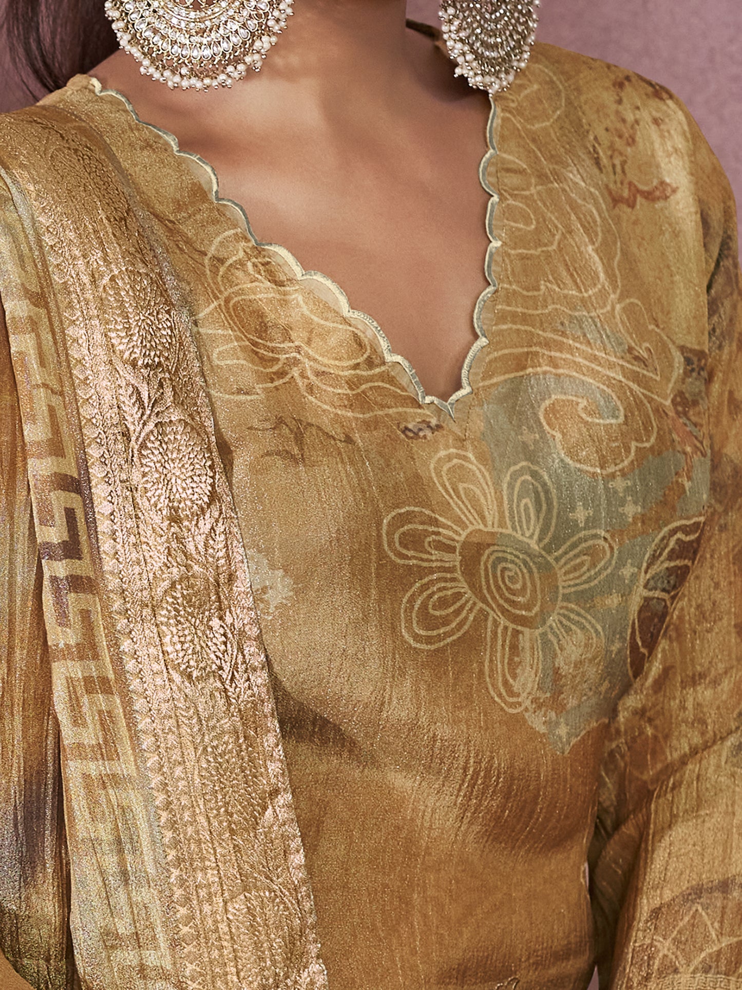 VADANYA DARK CHICKU Pure Fancy Linen Zari Suit Set With Elegant Handwork, Embroidery & Threadal