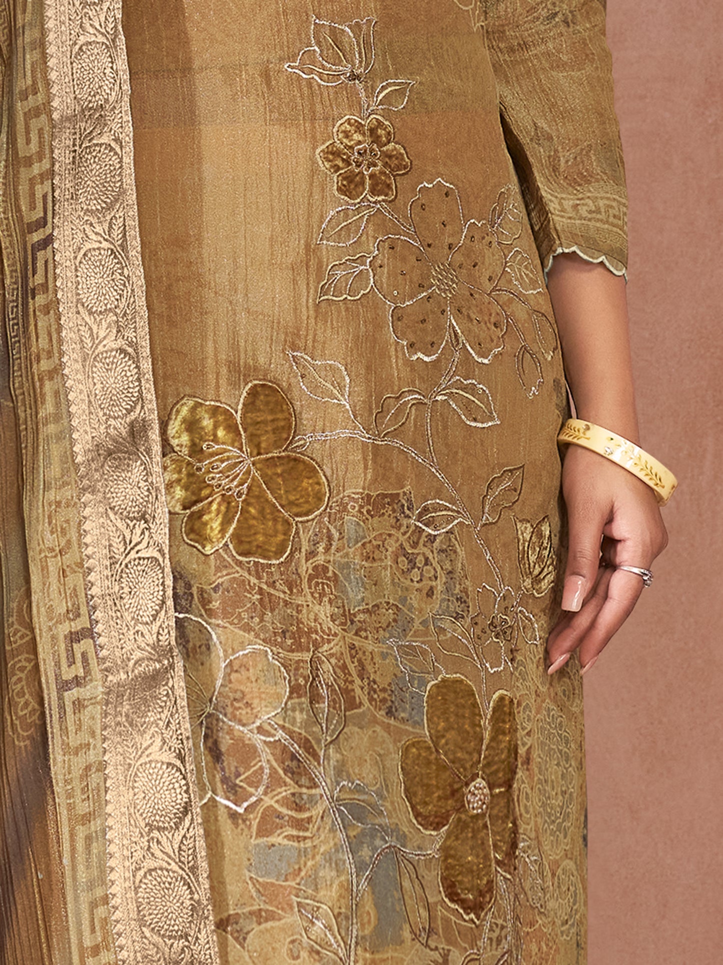VADANYA DARK CHICKU Pure Fancy Linen Zari Suit Set With Elegant Handwork, Embroidery & Threadal
