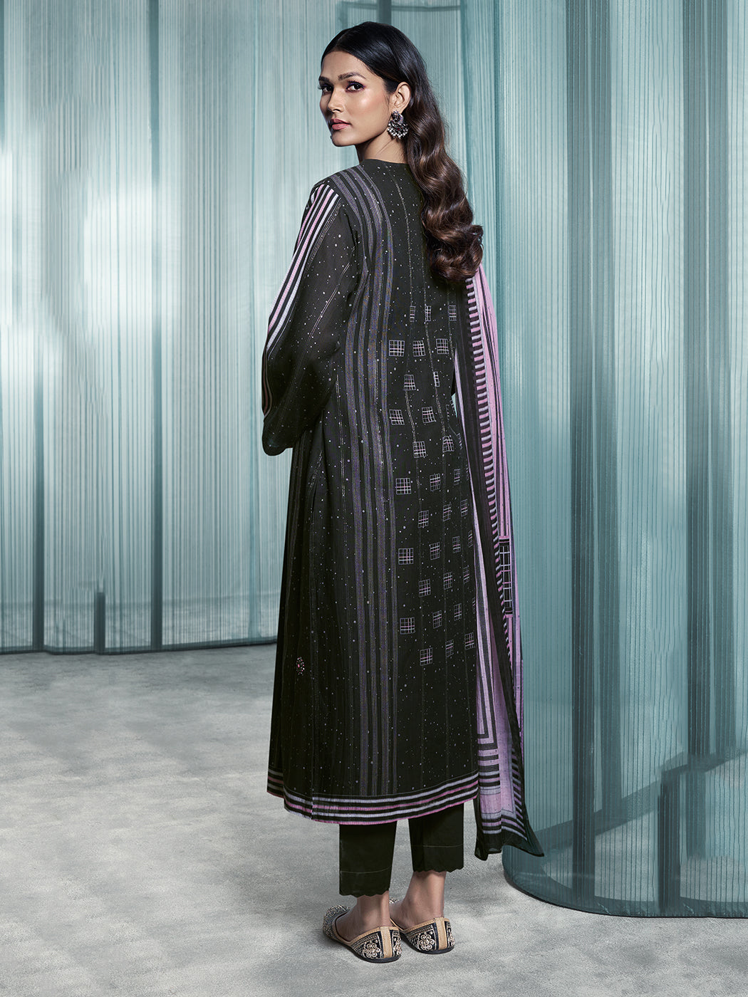Lakeer Black Pure Viscose Linen Unstitched Set with Intricate Handwork