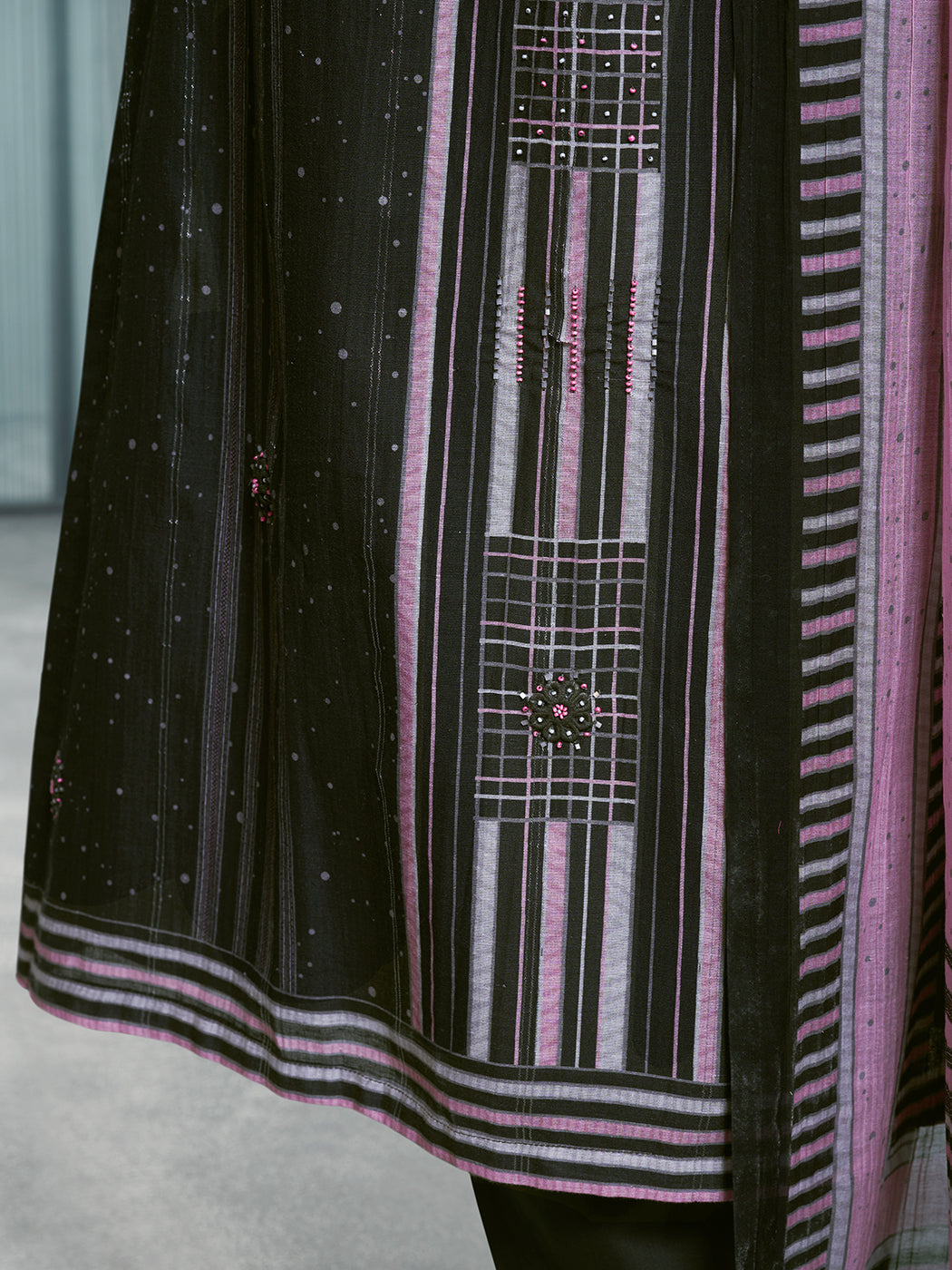 Lakeer Black Pure Viscose Linen Unstitched Set with Intricate Handwork