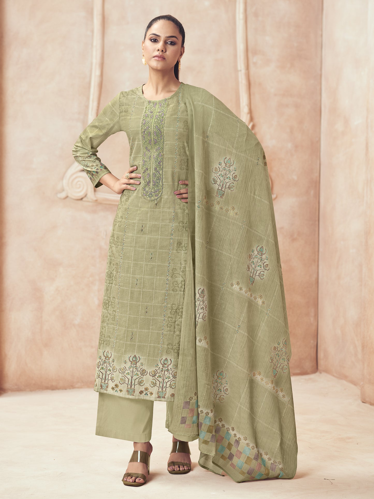 Areesha Olive Green Pure Cotton Suit Set with Intricate Handwork