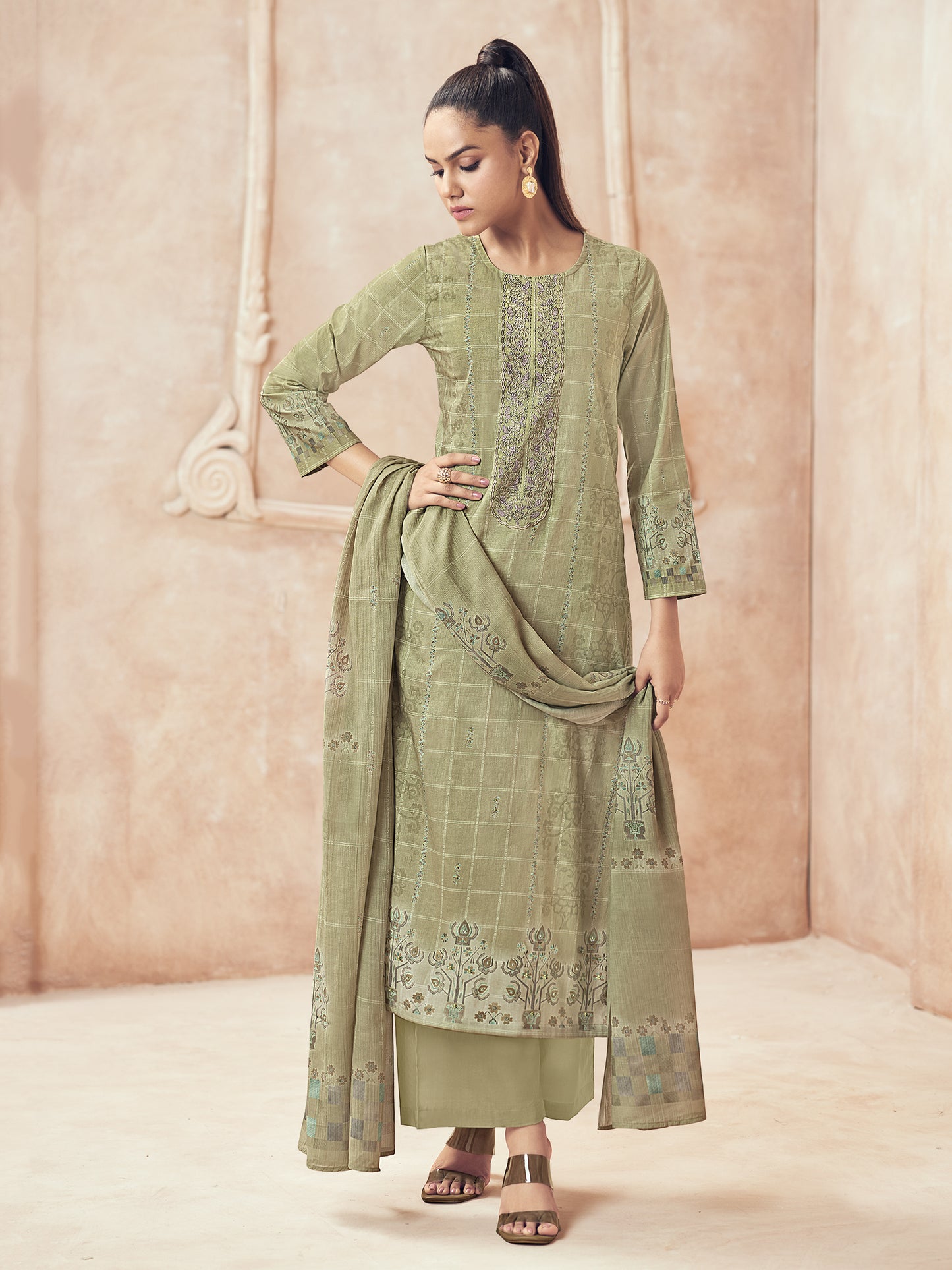 Areesha Olive Green Pure Cotton Suit Set with Intricate Handwork