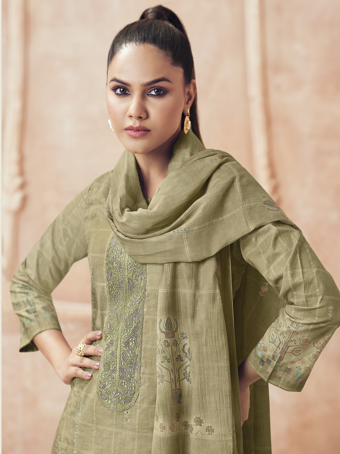 Areesha Olive Green Pure Cotton Suit Set with Intricate Handwork