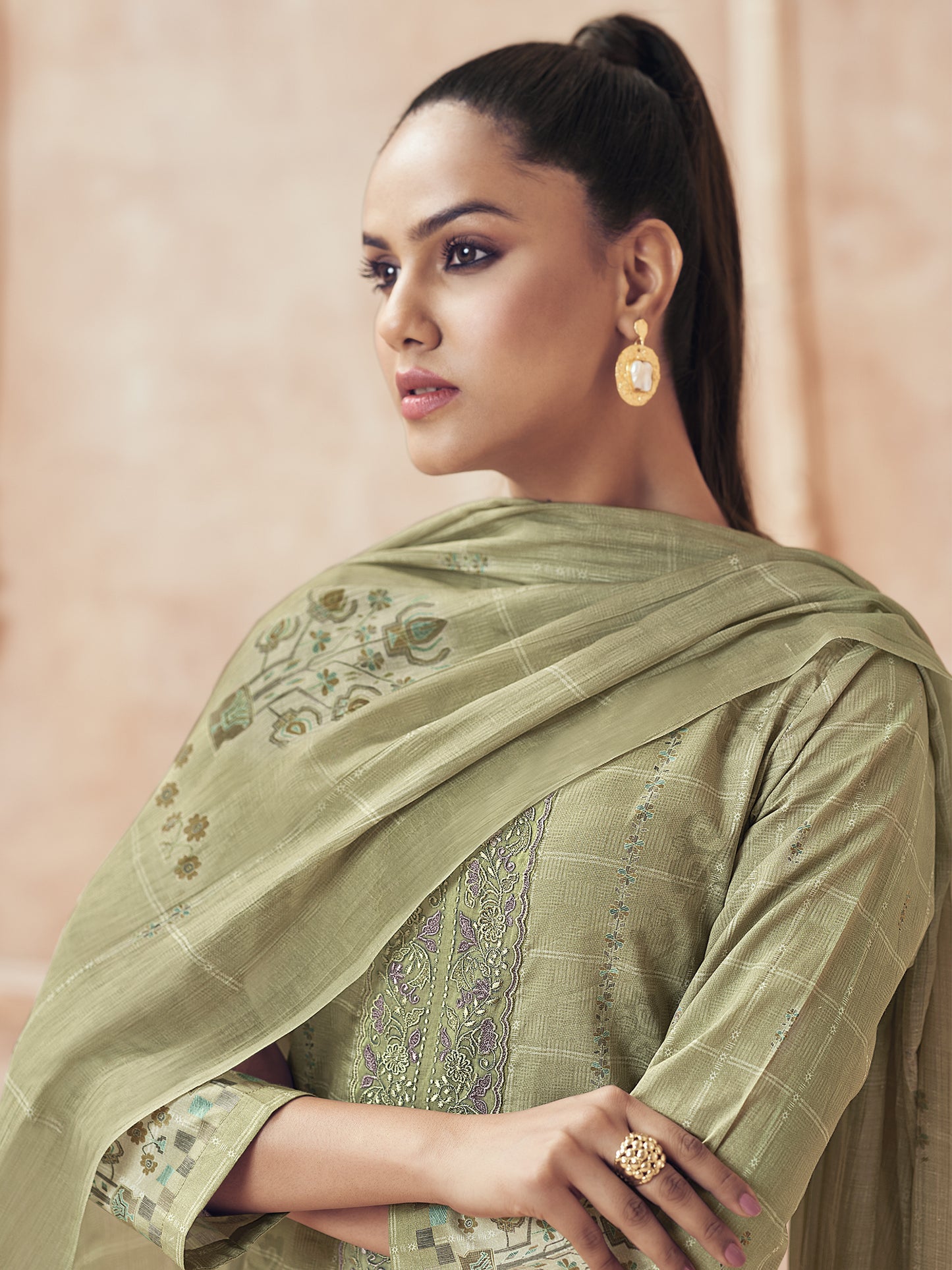 Areesha Olive Green Pure Cotton Suit Set with Intricate Handwork