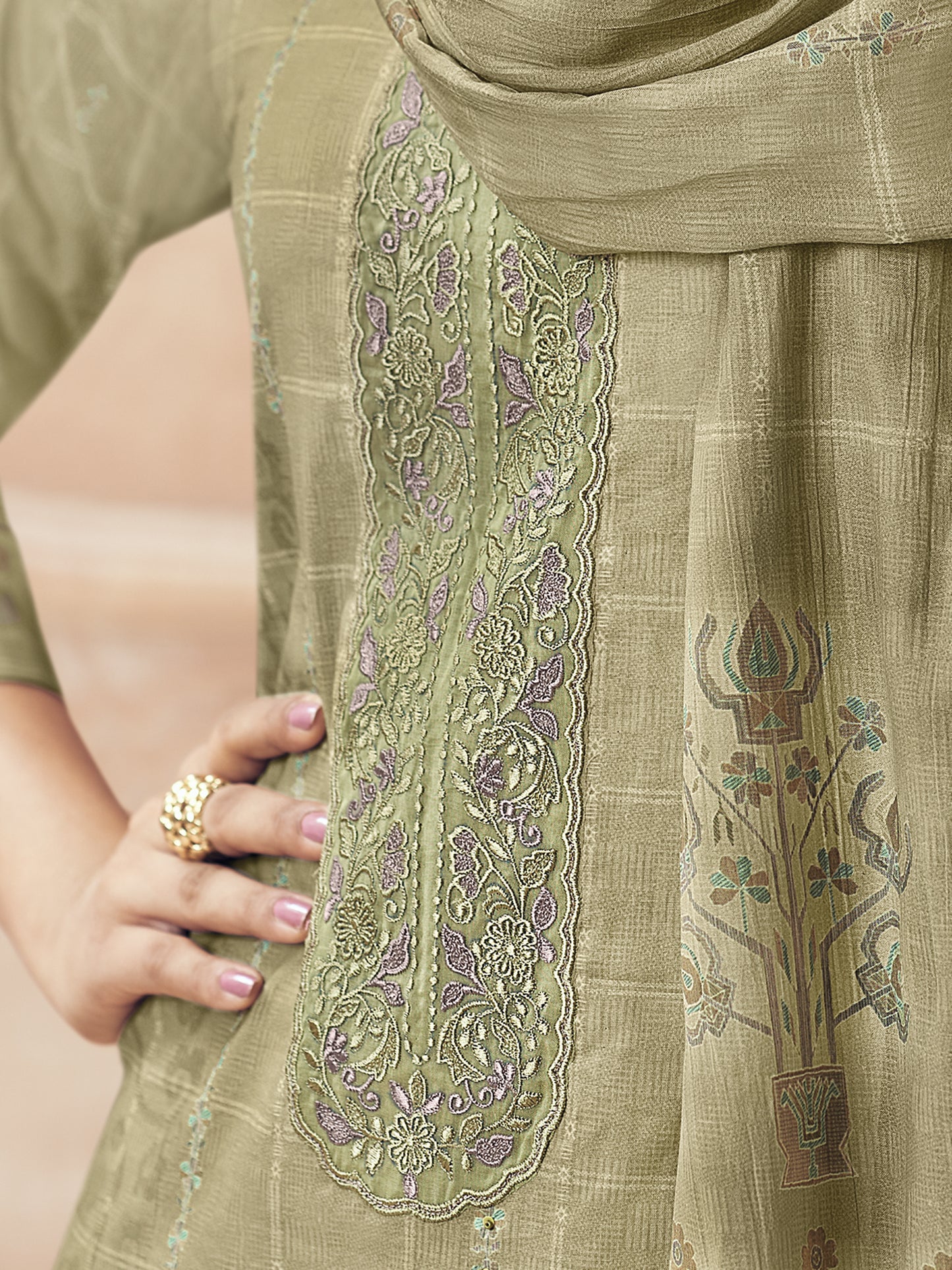 Areesha Olive Green Pure Cotton Suit Set with Intricate Handwork