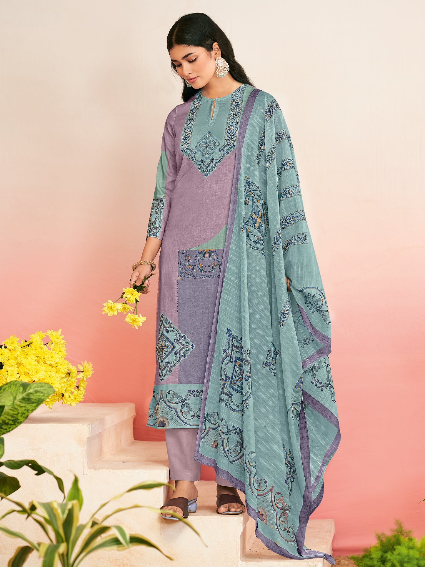 RAHEELA LIGHT PURPLE Pure Cotton Unstitched Set with Intricate Handwork