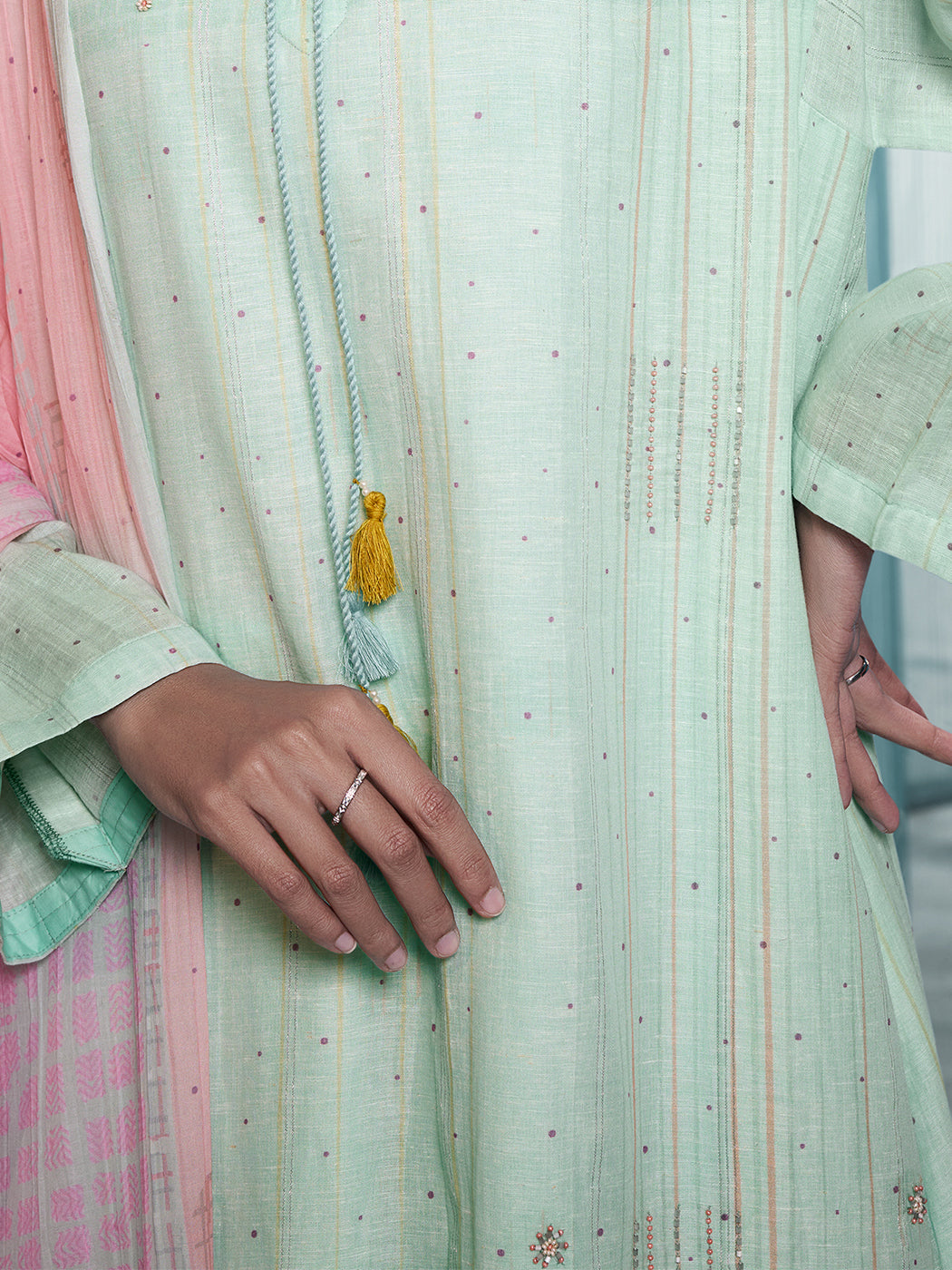 Lakeer Light Green Pure Viscose Linen Suit Set with Exquisite Fancy Handwork