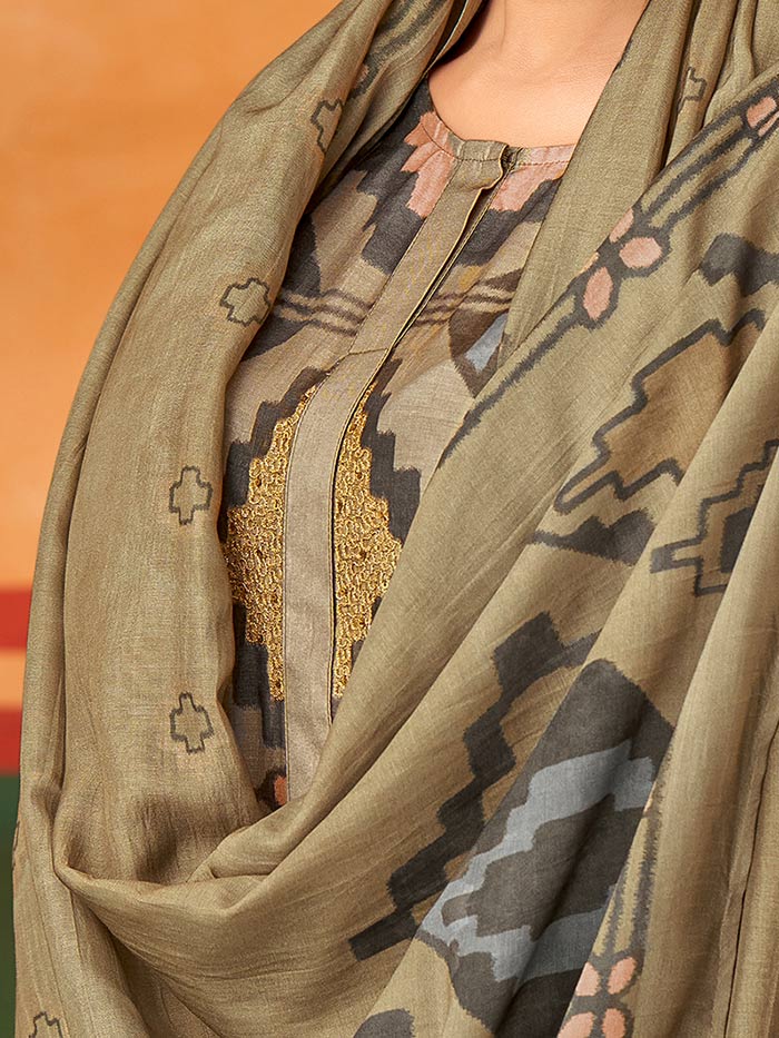 MAYSA Metallic Mehendi - Muslin Suit Set With Fancy Handwork