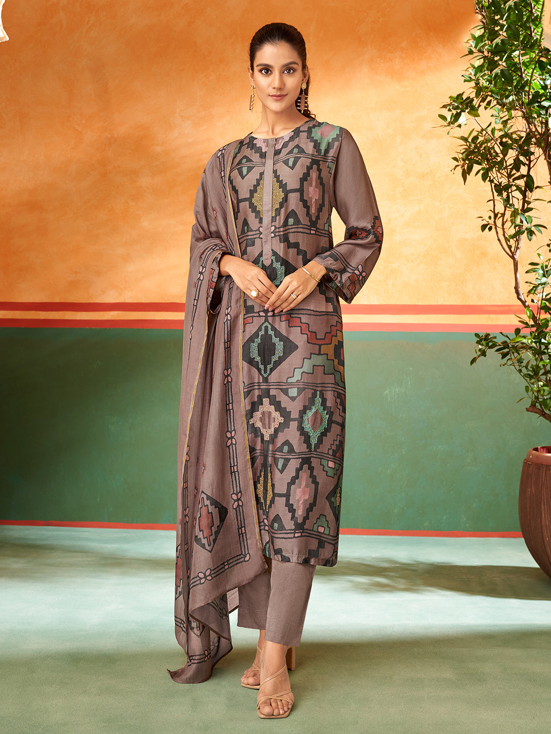 MAYSA Metallic Redish Brown - Muslin Unstitched Set With Fancy Handwork