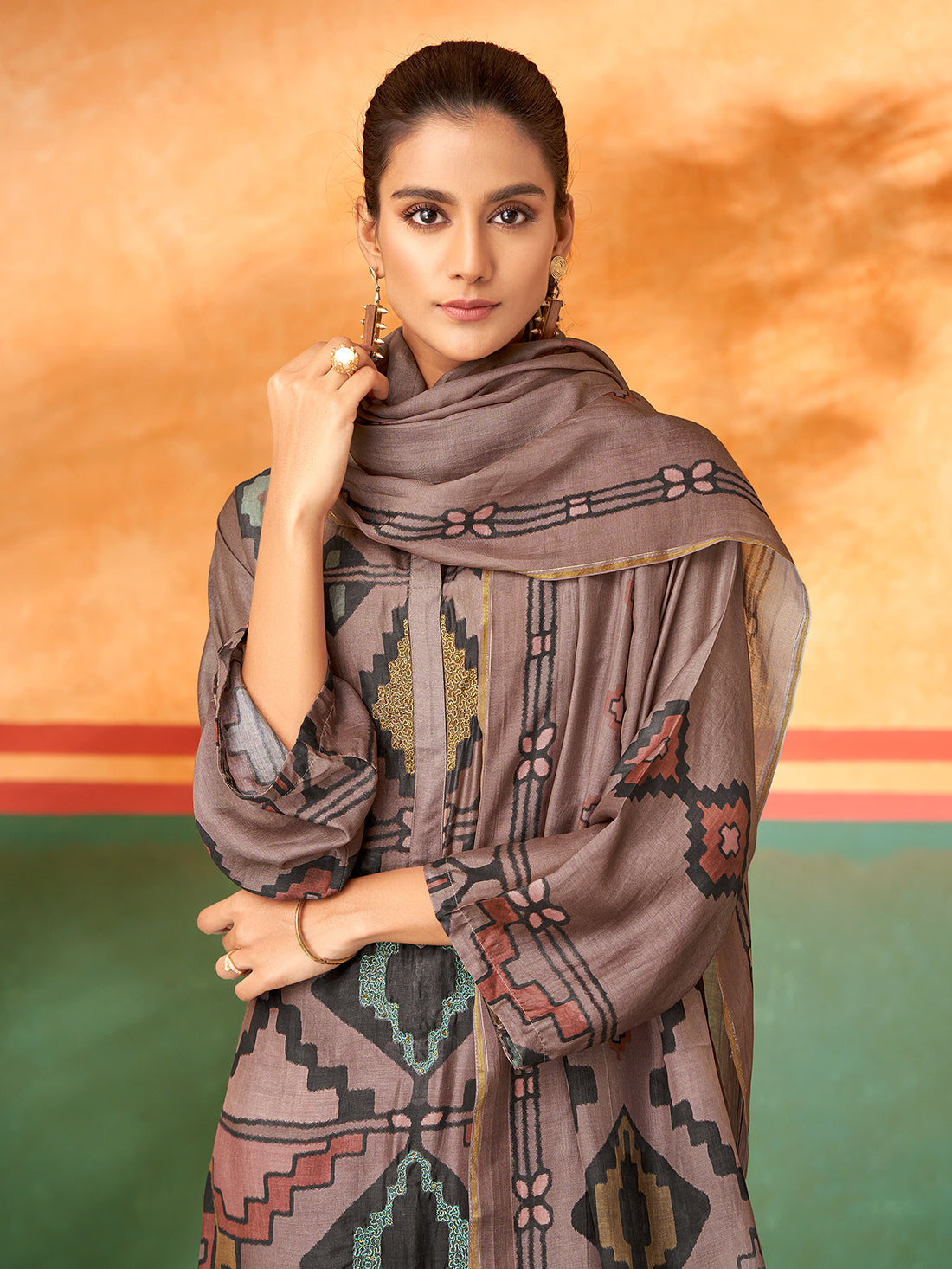 MAYSA Metallic Redish Brown - Muslin Unstitched Set With Fancy Handwork
