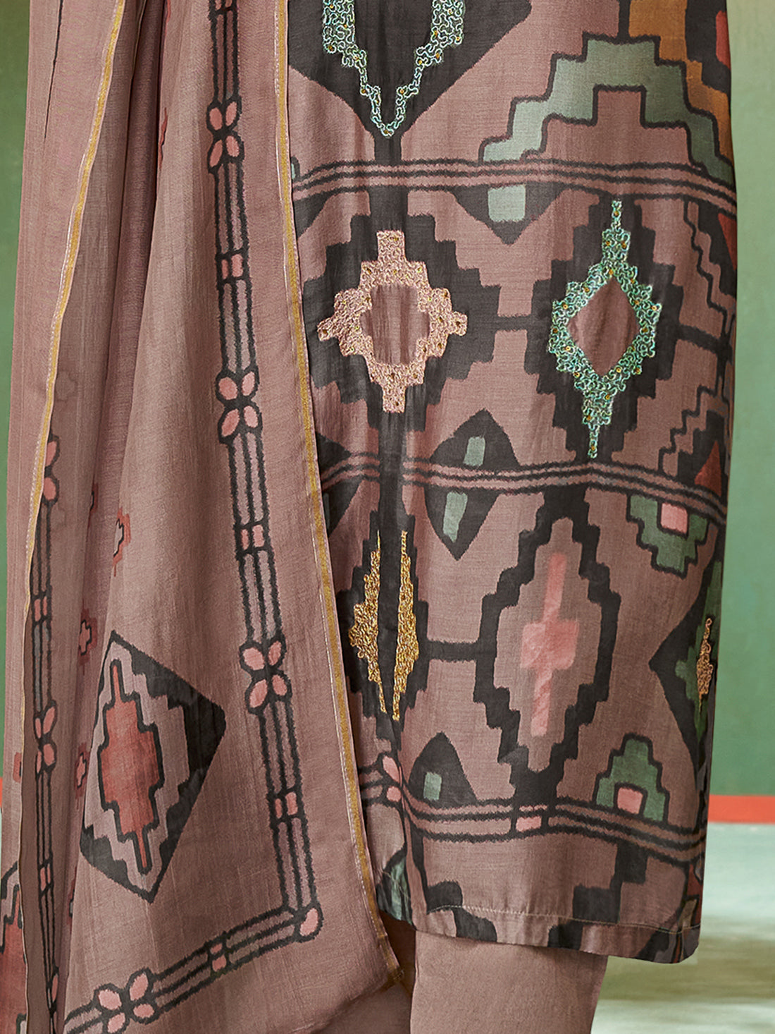 MAYSA Metallic Redish Brown - Muslin Unstitched Set With Fancy Handwork