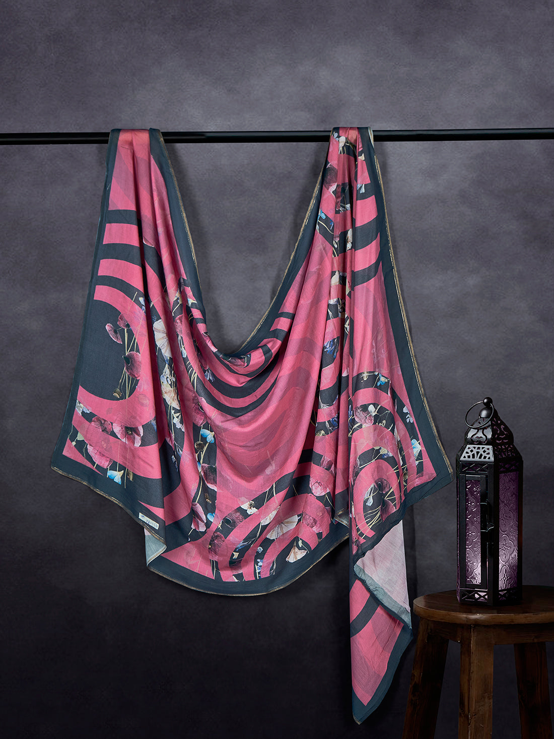 Premium Cotton Muslin Base Dupatta Black Pink