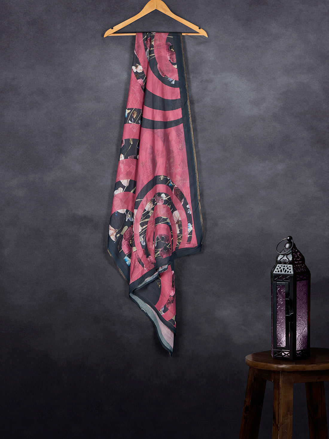 Premium Cotton Muslin Base Dupatta Black Pink