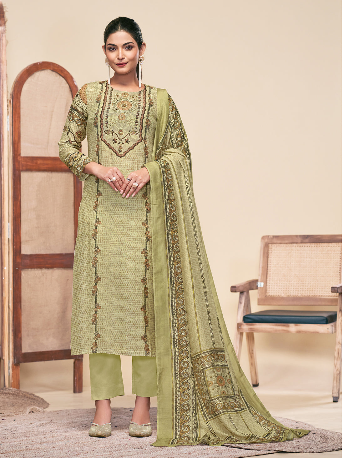 MOSAIC GREEN Pure Muslin Unstitched Set With Fancy Handwork
