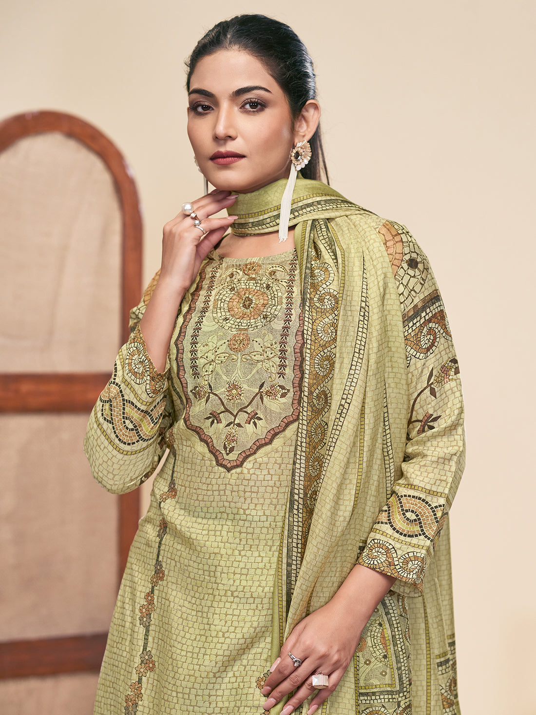 MOSAIC GREEN Pure Muslin Unstitched Set With Fancy Handwork