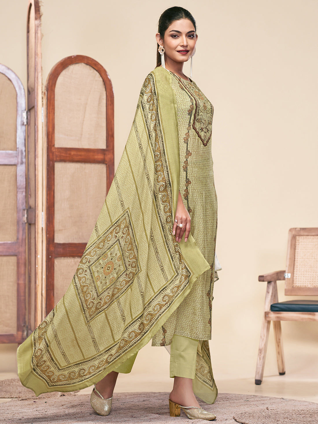 MOSAIC GREEN Pure Muslin Unstitched Set With Fancy Handwork