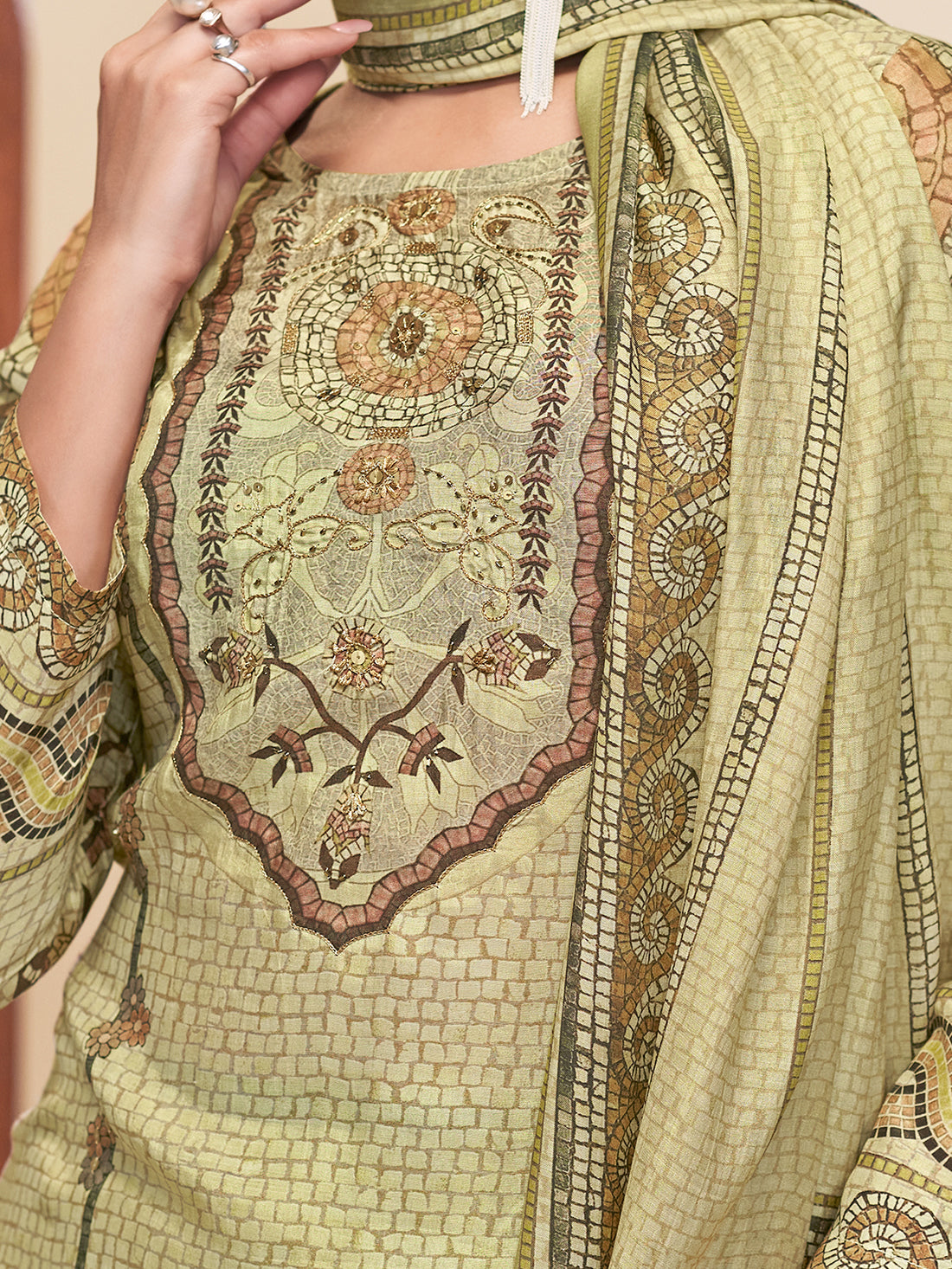 MOSAIC GREEN Pure Muslin Unstitched Set With Fancy Handwork
