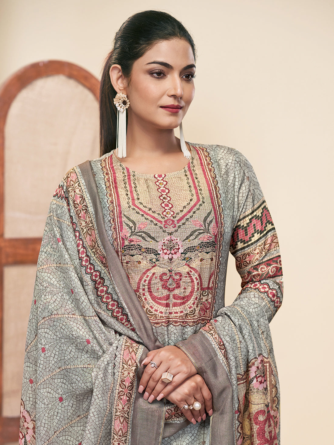 MOSAIC GREY Pure Muslin Unstitched Set With Fancy Handwork
