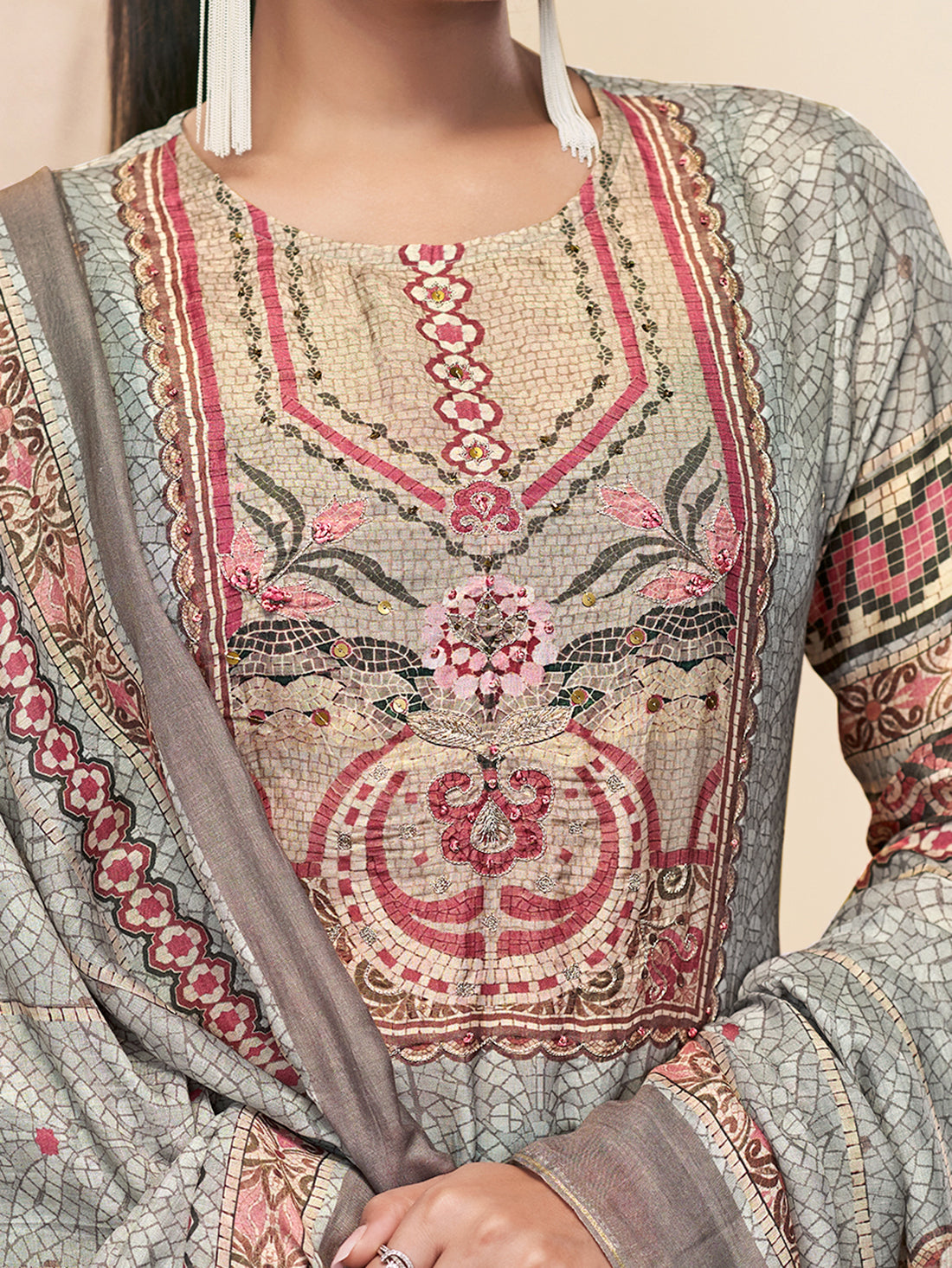 MOSAIC GREY Pure Muslin Suit Set With Fancy Handwork