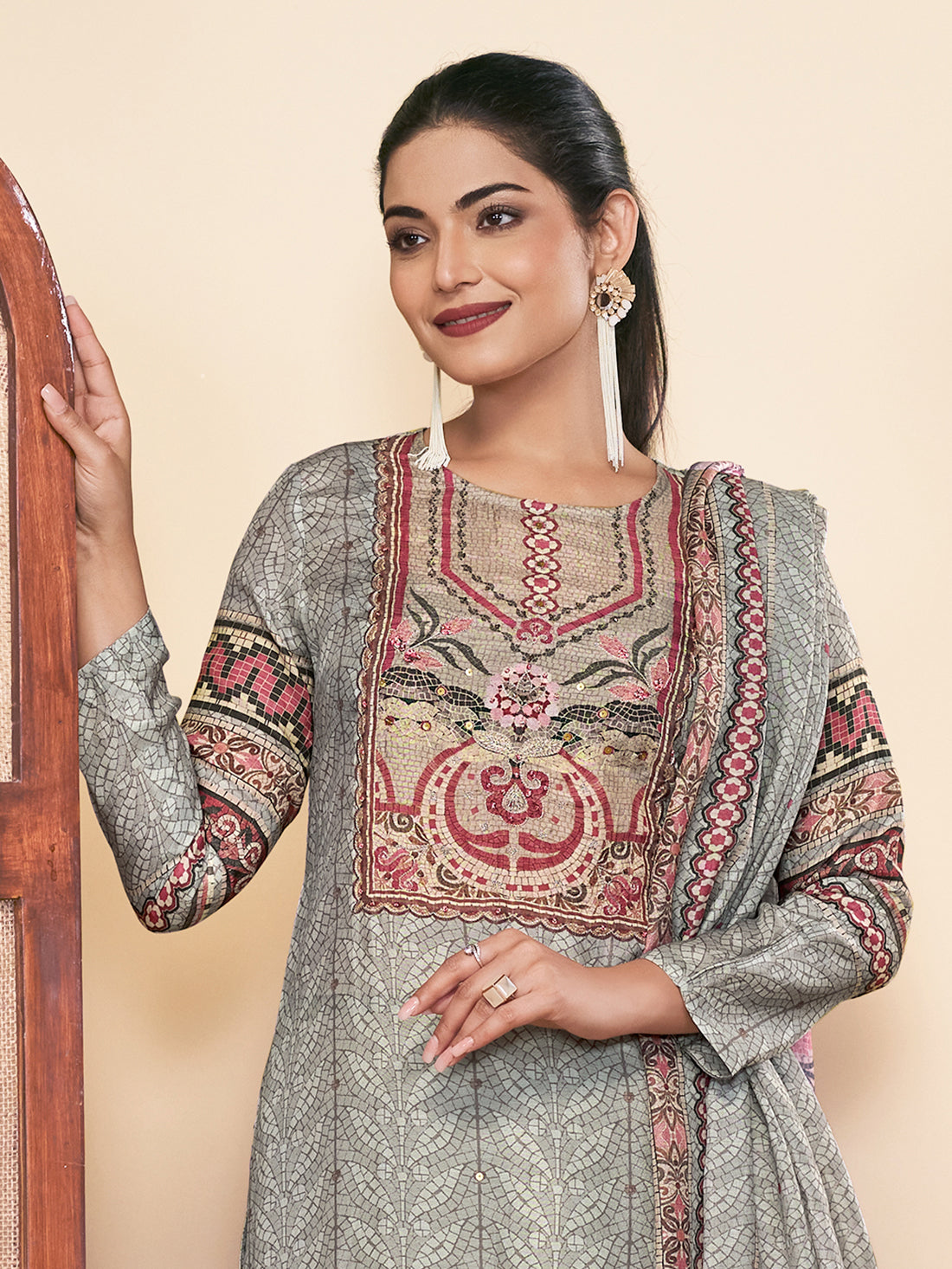 MOSAIC GREY Pure Muslin Unstitched Set With Fancy Handwork
