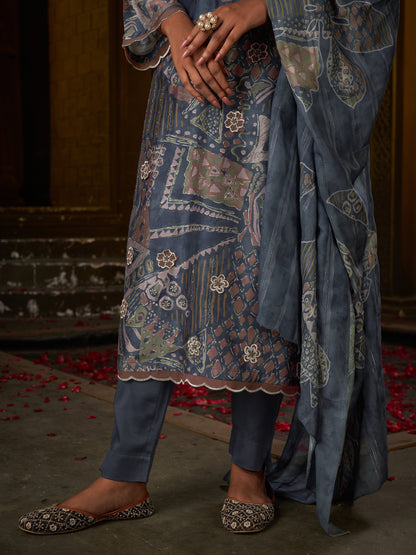 Enchanting Gulnaz  Dusty Blue Pure Cotton Suit Set with Exquisite Handwork
