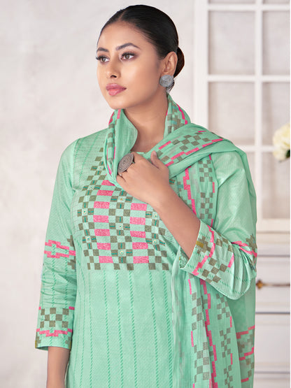 MAGIC STRIPE LIGHT TEAL Pure Cotton Unstitched Set with Exquisite Handwork & Elegant Embroidery