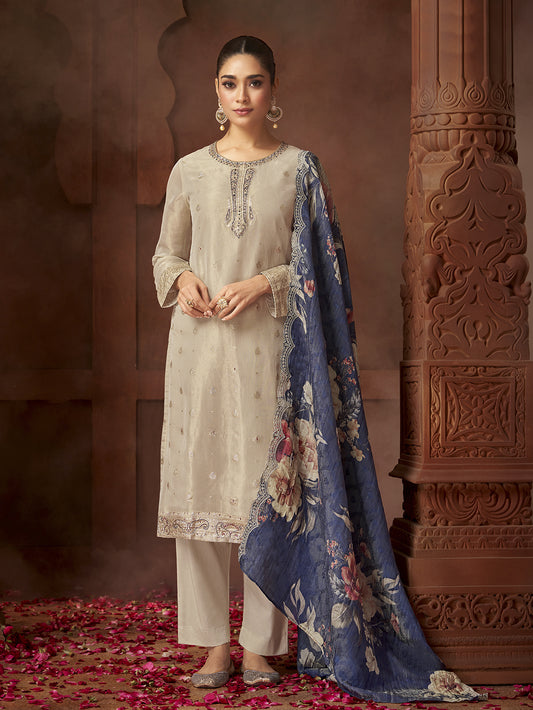 MAHNOOR Blue Fancy Jaquard Unstitched Set Hand work