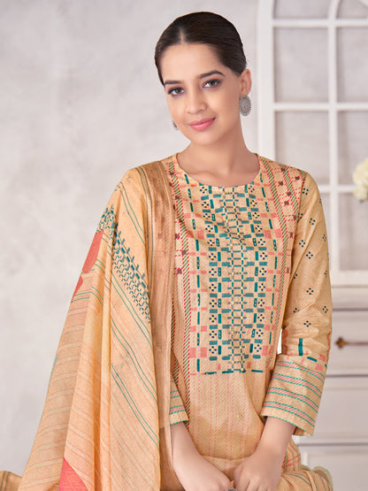 MAGIC STRIPE BEIGE Pure Cotton Suit Set with Exquisite Handwork & Elegant Embroidery
