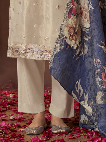 MAHNOOR Blue Fancy Jaquard Suit Set Hand work