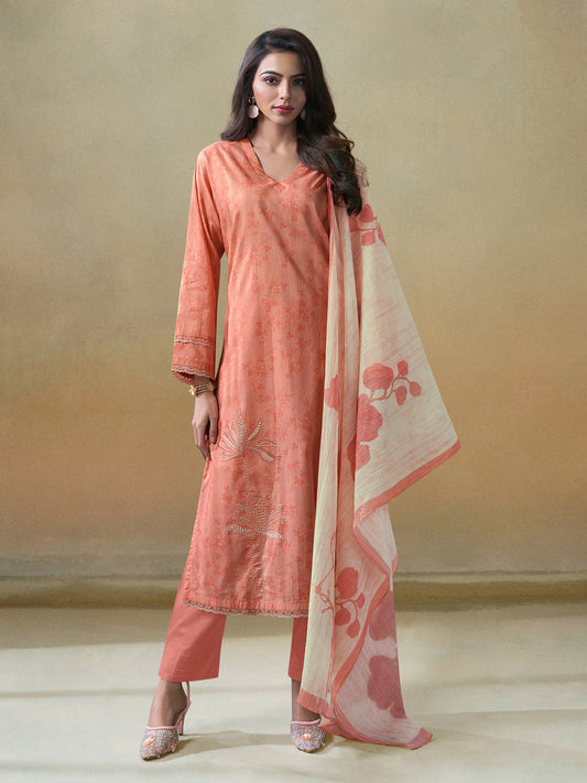 KANTHA Orange Pure Cotton Suit Set with Exquisite Embroidery & Threadlework