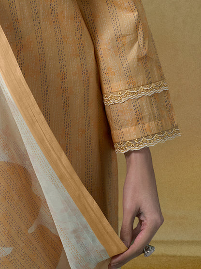KANTHA Mustard Pure Cotton Unstitched Set with Beautiful Embroidery & Threadlework