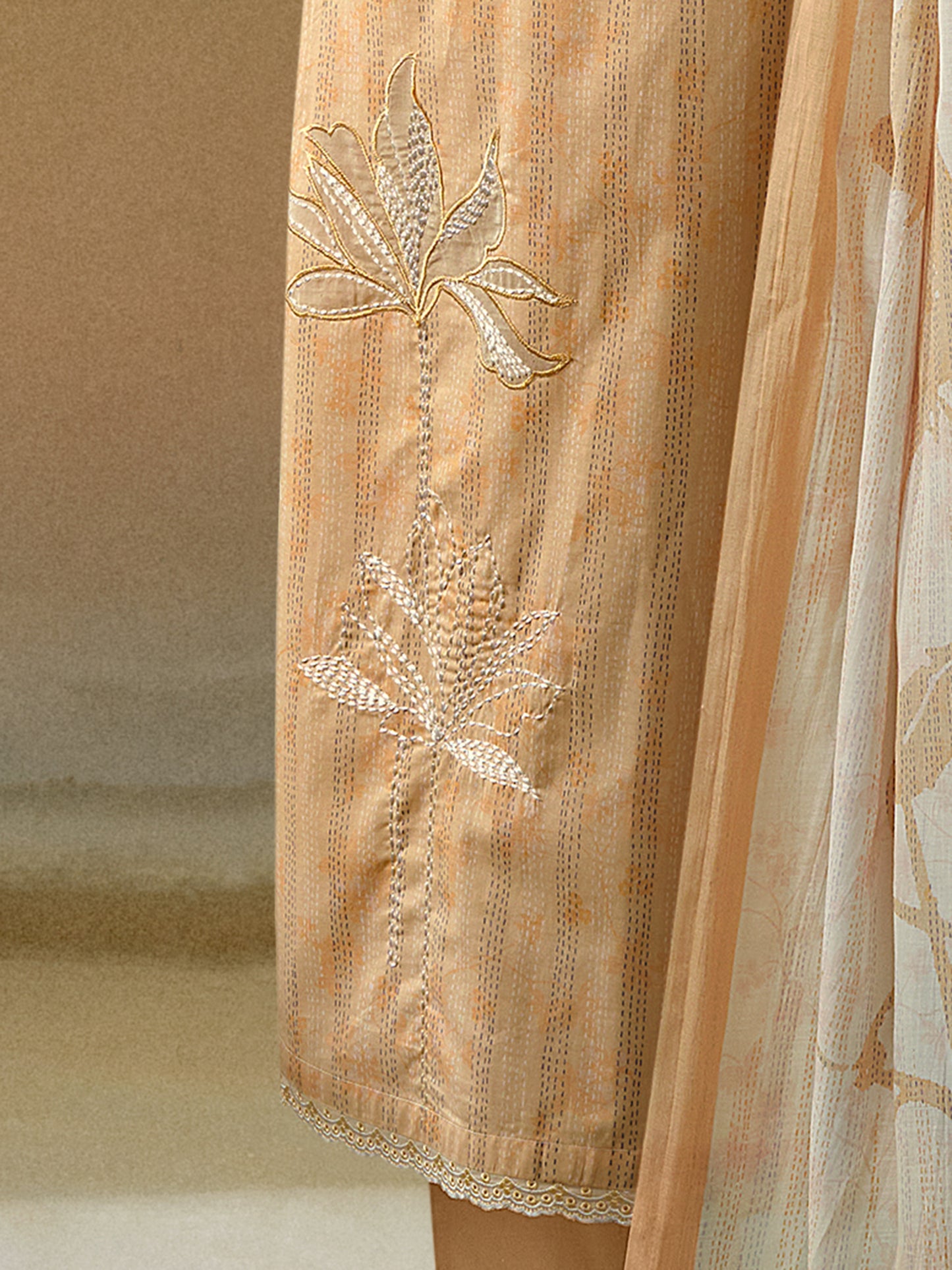 KANTHA Mustard Pure Cotton Unstitched Set with Beautiful Embroidery & Threadlework