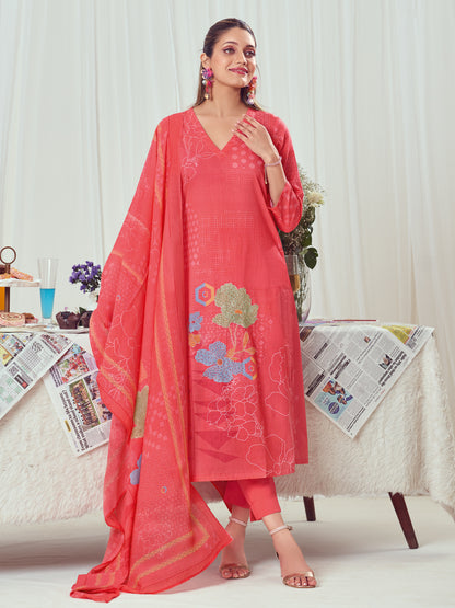 ZAREEN RED Pure Cotton Unstitched Set with Handwork Elegance