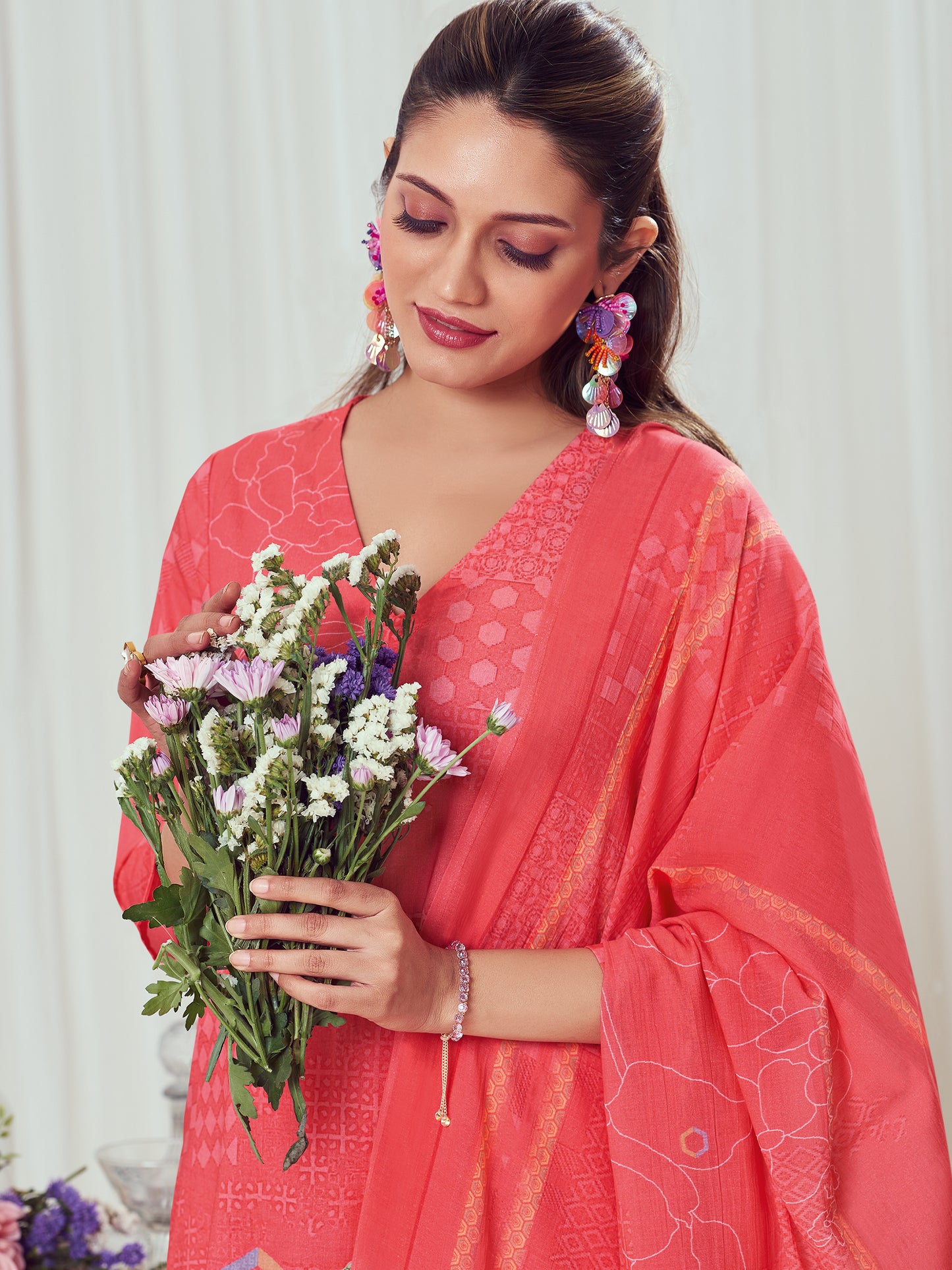 ZAREEN RED Pure Cotton Unstitched Set with Handwork Elegance