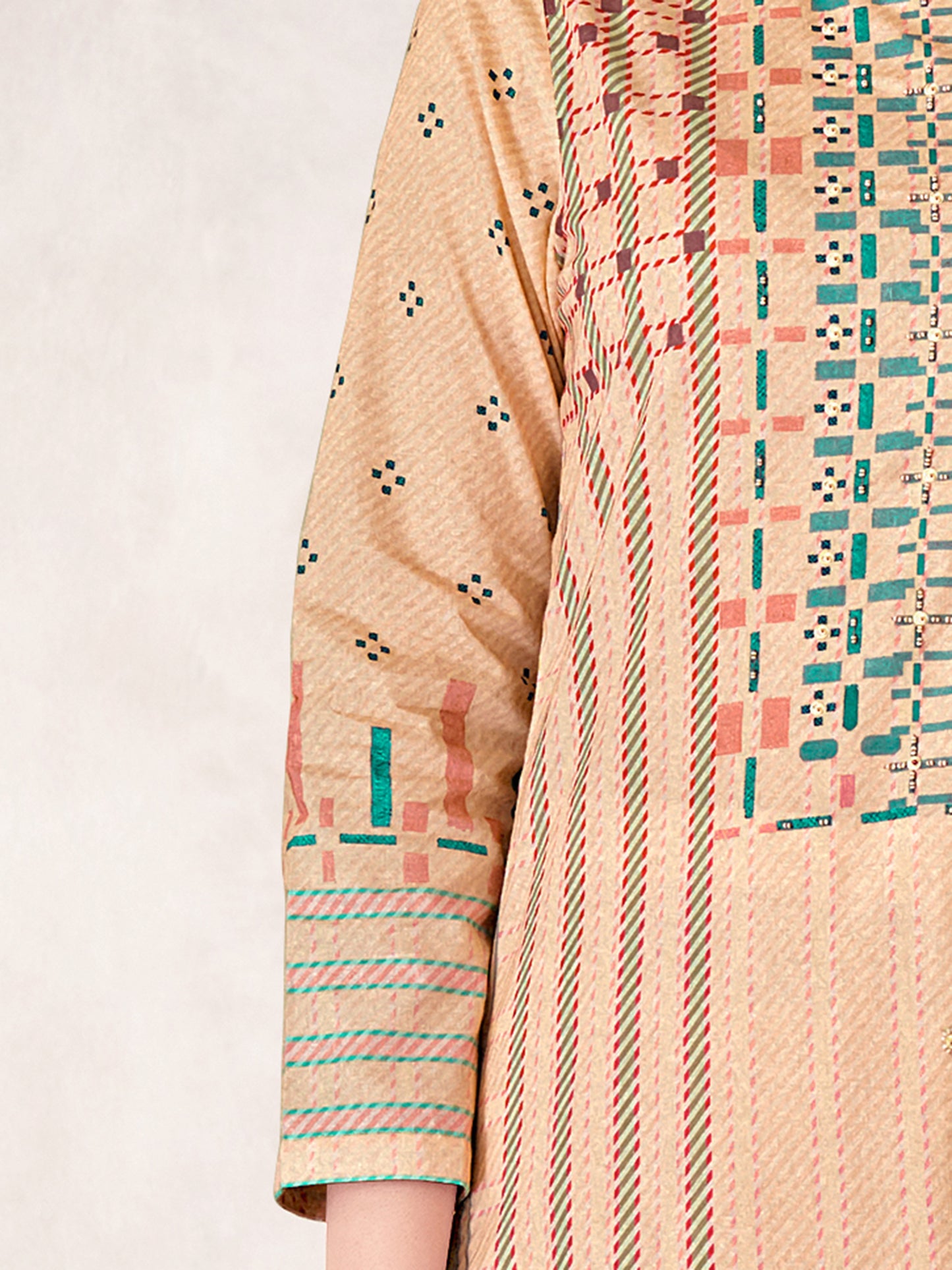 MAGIC STRIPE BEIGE Pure Cotton Suit Set with Exquisite Handwork & Elegant Embroidery