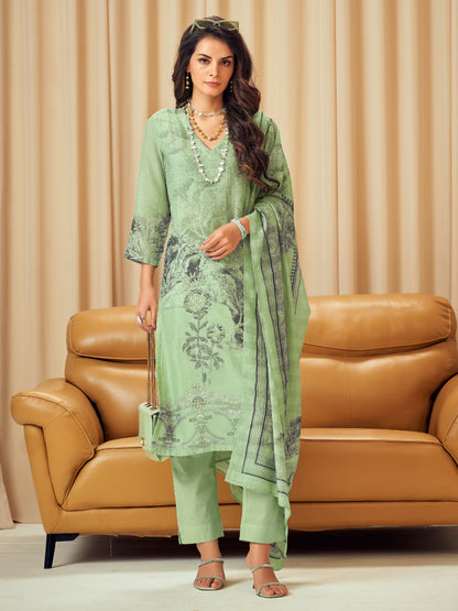 NISHIKA MINT GREEN Pure Linen Unstitched  Set with Elegant Handwork & Embroidery