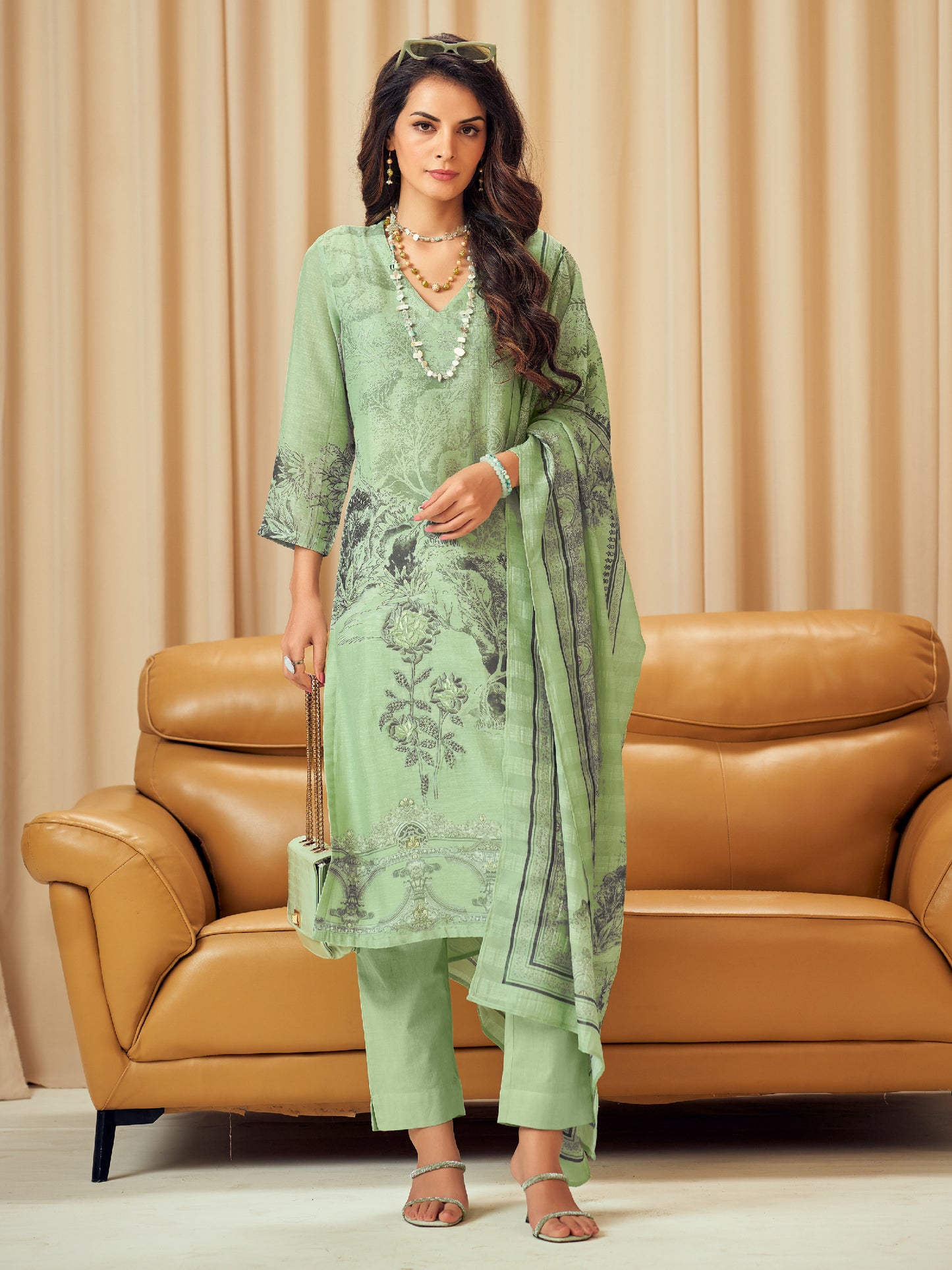 NISHIKA MINT GREEN Pure Linen Suit Set with Elegant Handwork & Embroidery