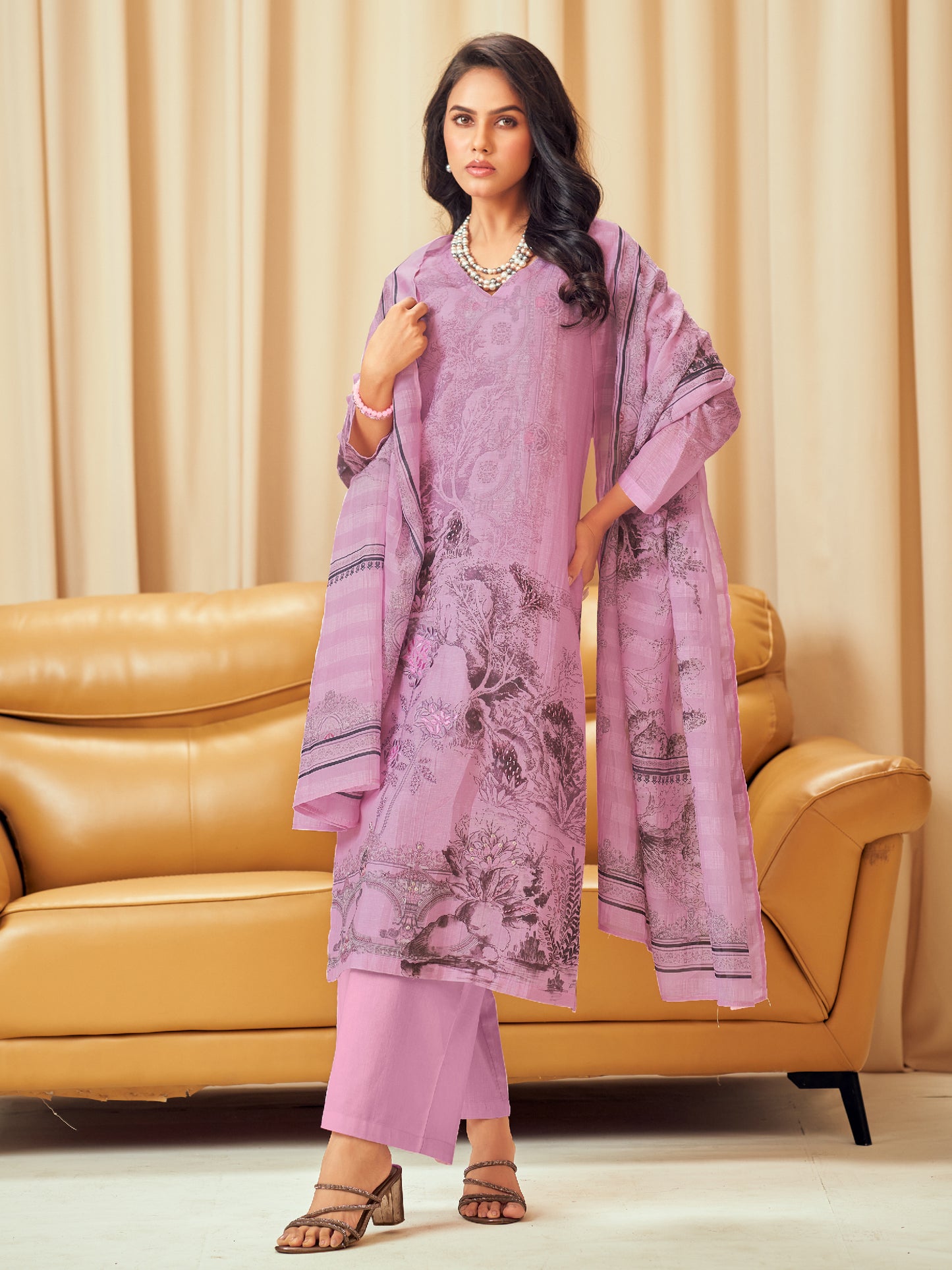 NISHIKA LILAC PINK Pure Linen Unstitched  Set with Elegant Handwork & Embroidery