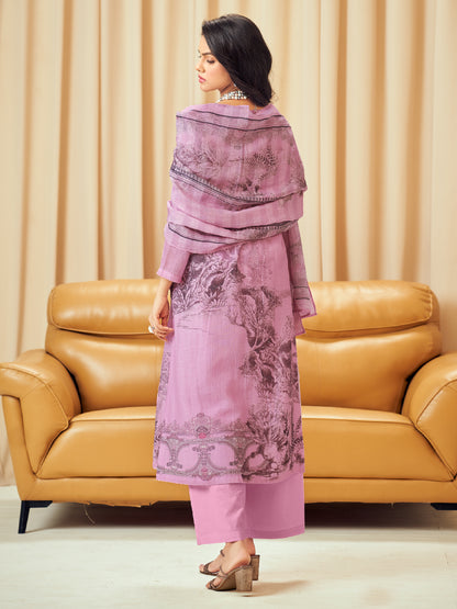 NISHIKA LILAC PINK Pure Linen Unstitched  Set with Elegant Handwork & Embroidery