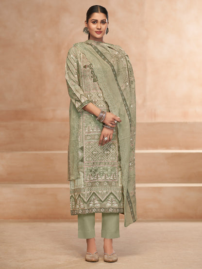 YASHLEEN SAGAGREEN Pure Cotton Unstitched Set with Elegant Handwork