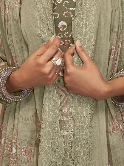 YASHLEEN SAGAGREEN Pure Cotton Unstitched Set with Elegant Handwork