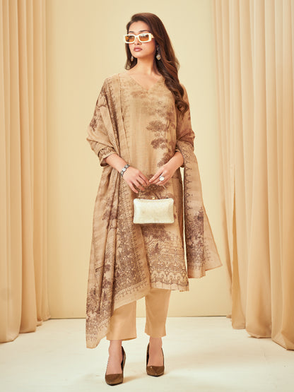 NISHIKA GOLDEN BEIGE Pure Linen Unstitched  Set with Elegant Handwork & Embroidery