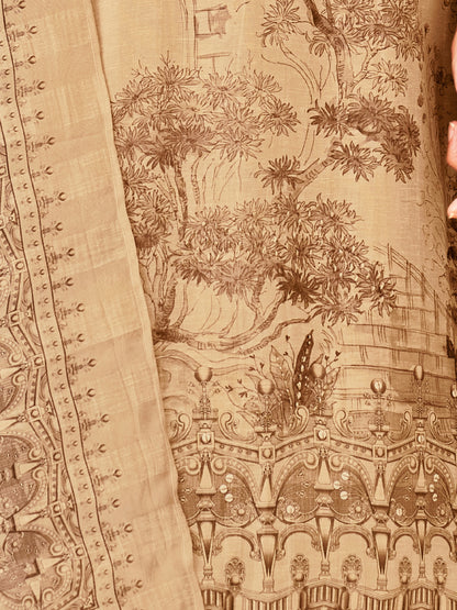 NISHIKA GOLDEN BEIGE Pure Linen Unstitched  Set with Elegant Handwork & Embroidery