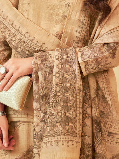 NISHIKA GOLDEN BEIGE Pure Linen Unstitched  Set with Elegant Handwork & Embroidery