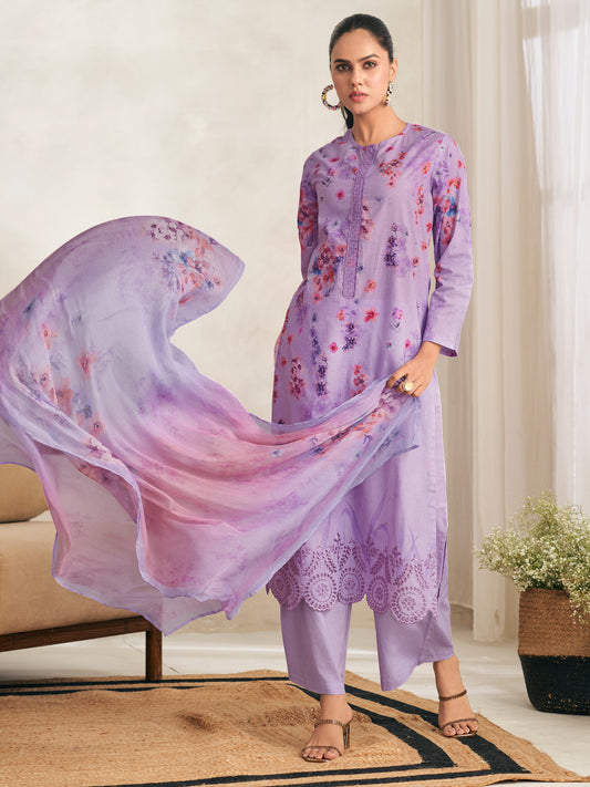 AVIGYA LILAC PURPLE Pure Cotton Suit Set with Fancy Handwork & Embroidery