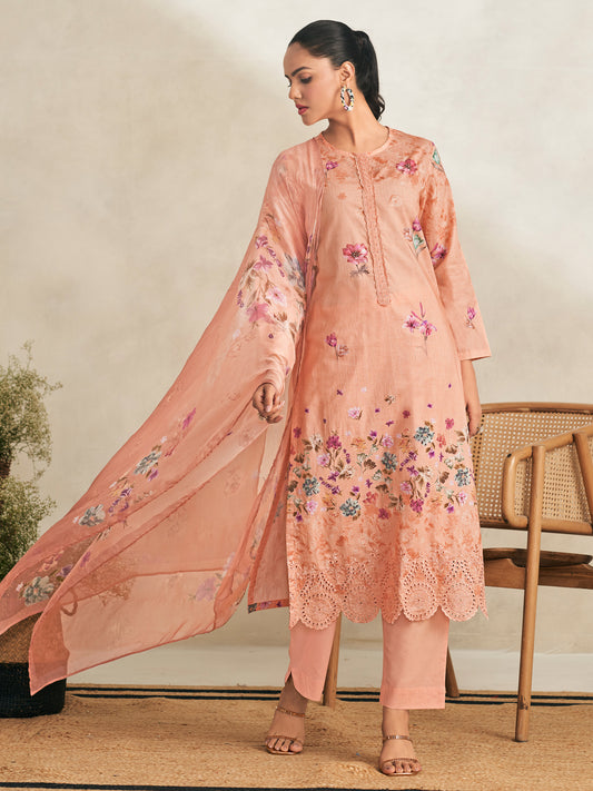 AVIGYA PEACH PINK Pure Cotton Unstitched Set with Fancy Handwork & Embroidery
