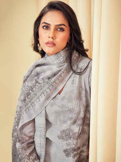 NISHIKA SILVER GREY Pure Linen Unstitched  Set with Elegant Handwork & Embroidery