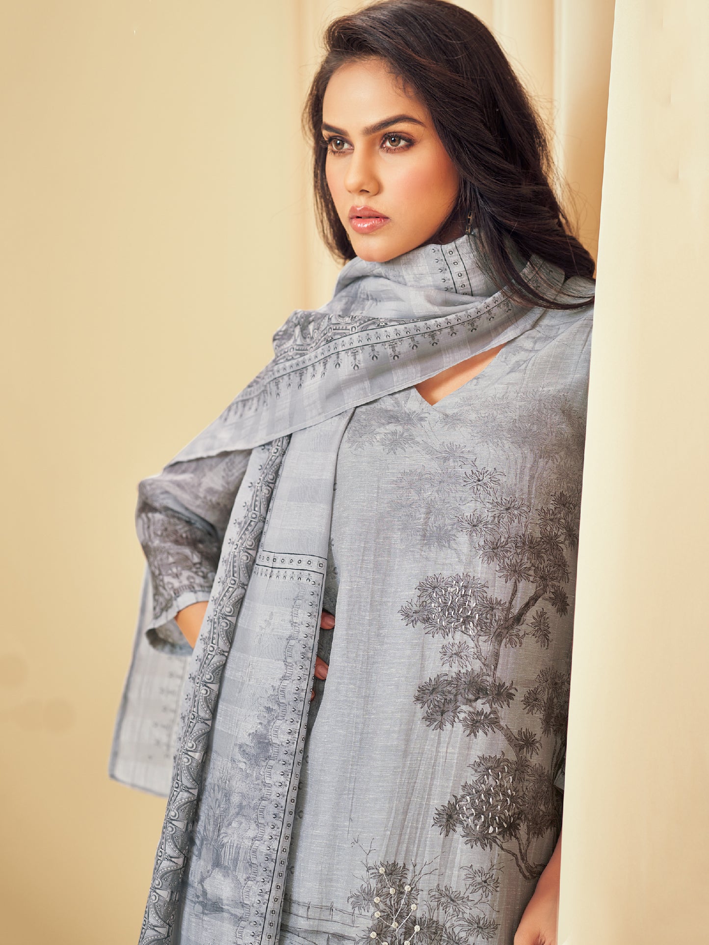 NISHIKA SILVER GREY Pure Linen Unstitched  Set with Elegant Handwork & Embroidery