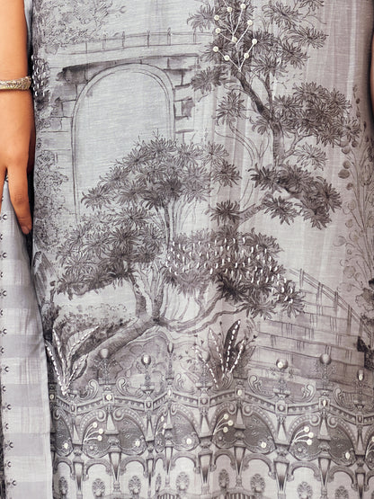 NISHIKA SILVER GREY Pure Linen Unstitched  Set with Elegant Handwork & Embroidery